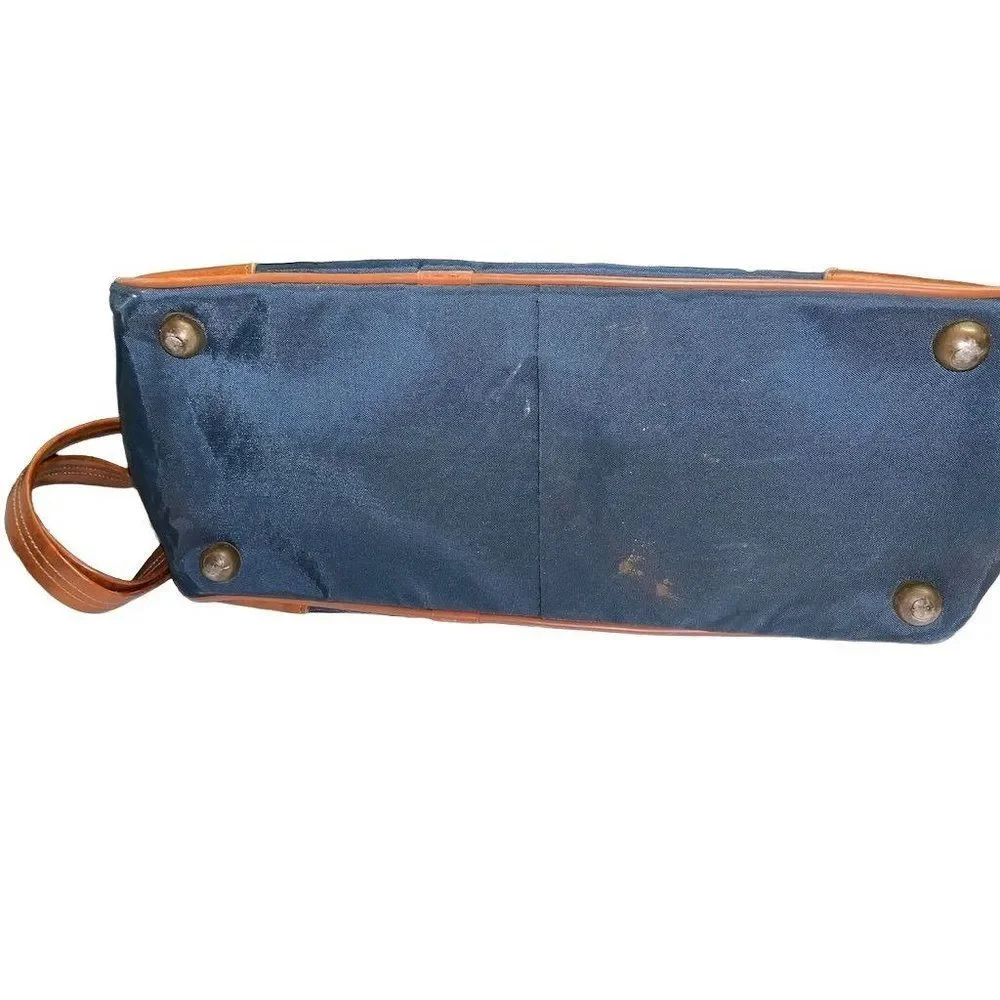 Vintage Overnight Bag canvas with leather trim navy and leather 17” x 11”